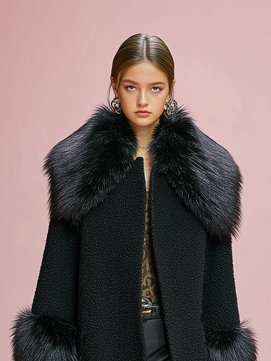 Abrigo de damasco con puños y solapa de mezcla de lana, costuras decorativas y adorno de felpa desmontable MDA1029J2Y