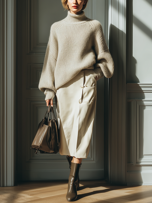 Conjunto de suéter de punto y falda midi blanca para mujer MDA2468J8T