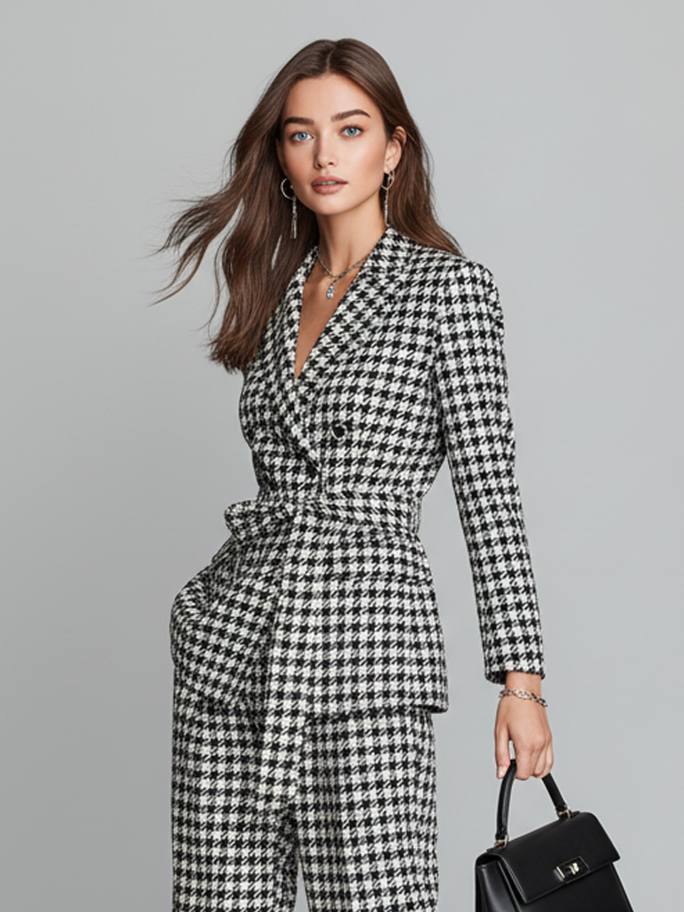 Conjunto de bléiser con estampado de pata de gallo para mujer con cinturón y pantalones cropped MDA1515J3Y