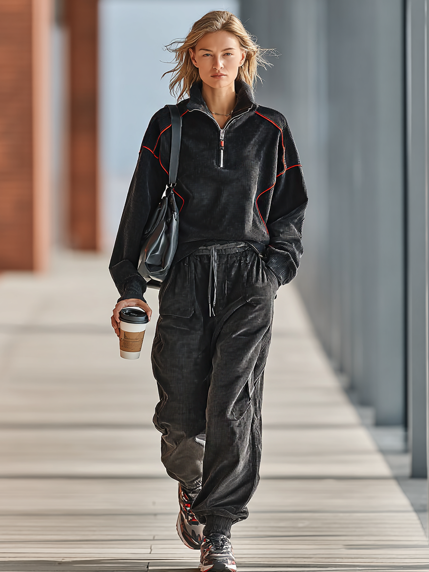 Conjunto de sudadera y pantalón sueltos para mujer de pana roja con ribete y cremallera, con solapa MDA2800I0Y