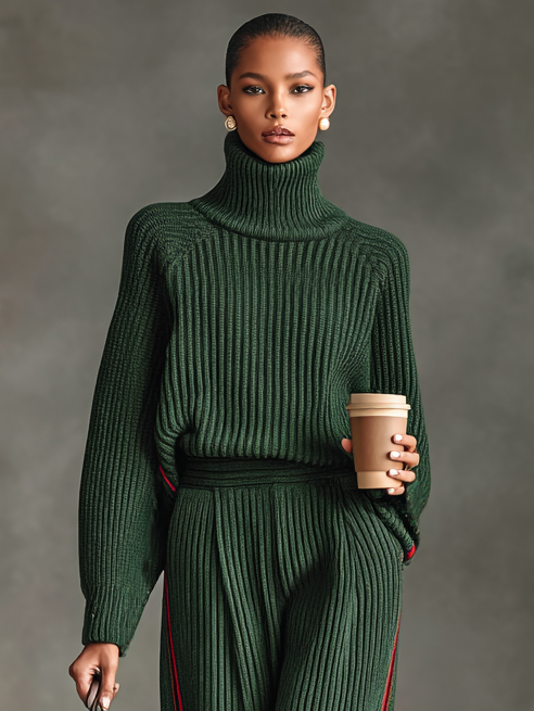 Conjunto de Suéter de Cuello Alto con Ribete Rojo y Pantalones Rectos de Punto para Mujer MDA2420I4Y