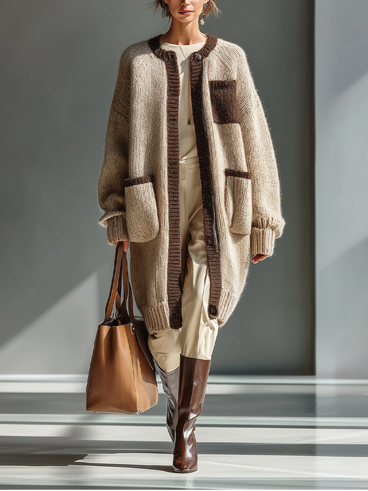 Chaqueta holgada informal de punto grueso beige y marrón claro para mujer MDA2130J7T