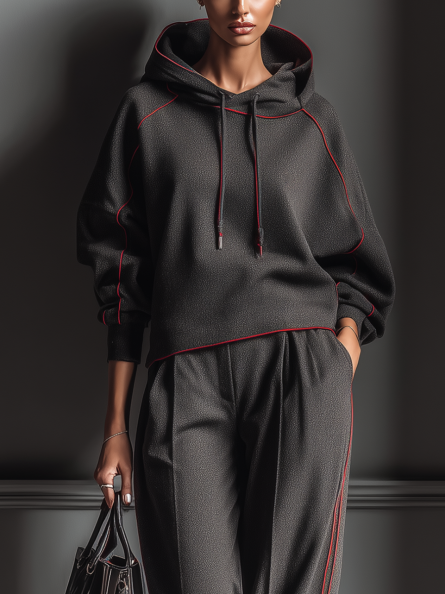 Conjunto de sudadera con capucha gris oscuro en capas de aire con borde contrastante rojo y pantalones rectos para mujer MDA1635J7T