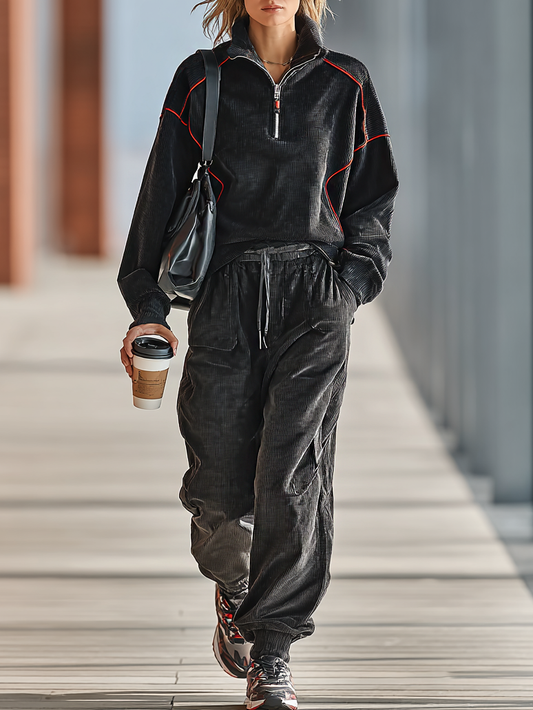 Conjunto de sudadera y pantalón sueltos para mujer de pana roja con ribete y cremallera, con solapa MDA2800I0Y