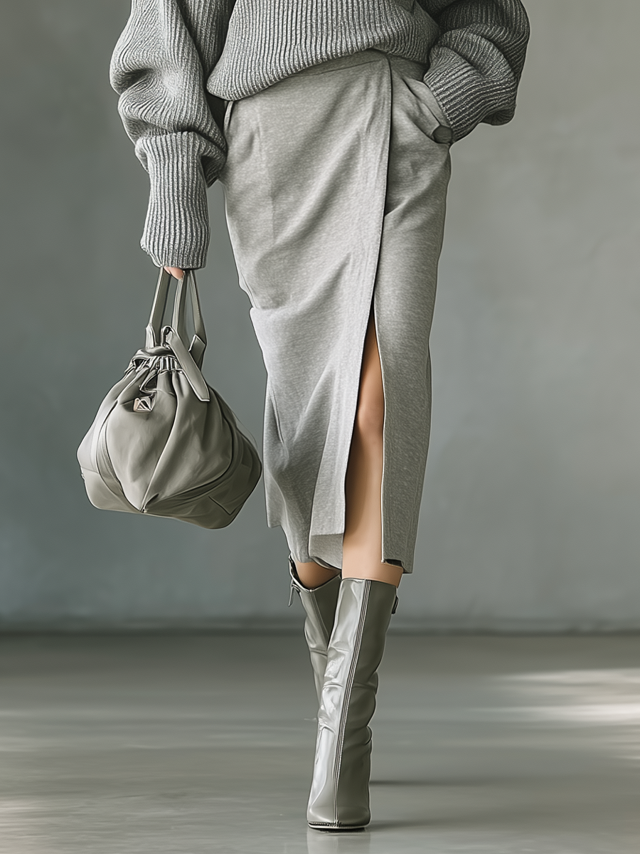 Conjunto de Suéter de Punto Gris para Mujer y Falda de Capas de Aire de Mezcla de Algodón MDA2320J2T