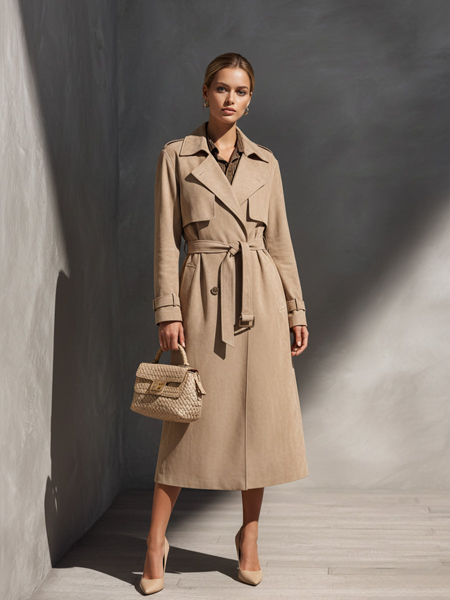 Abrigo Trench Sastre Beige para Mujer con Estilo Abotonado Dual y Cinturón en la Cintura, Elegancia Atemporal MDA2291J1I