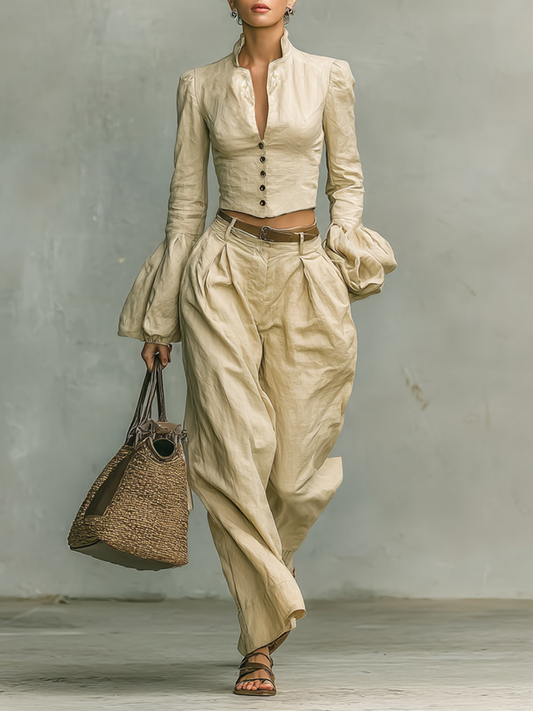 Conjunto de dos piezas de mujer con camisa de manga larga estilo retro de lino con cuello elevado y pantalones