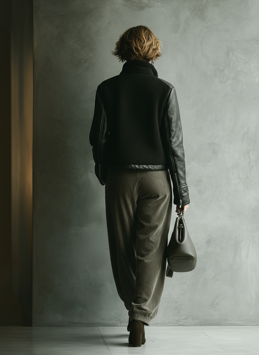 Chaqueta de mujer negra con paneles de sherpa y poliéster con cuello alto MDA1752J8T