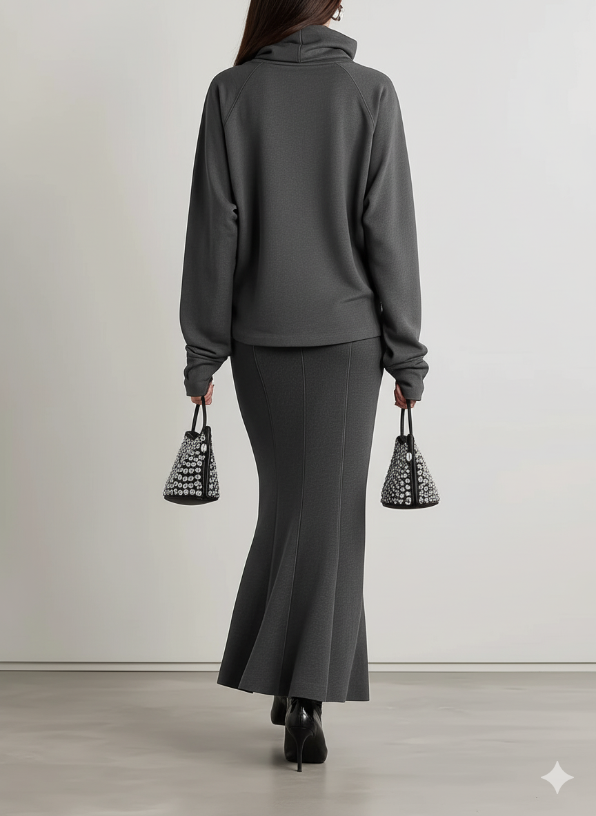 Conjunto de sudadera de manga larga con cuello medio para mujer, falda con cola de pez ajustada a la cadera MDA1136J6Y