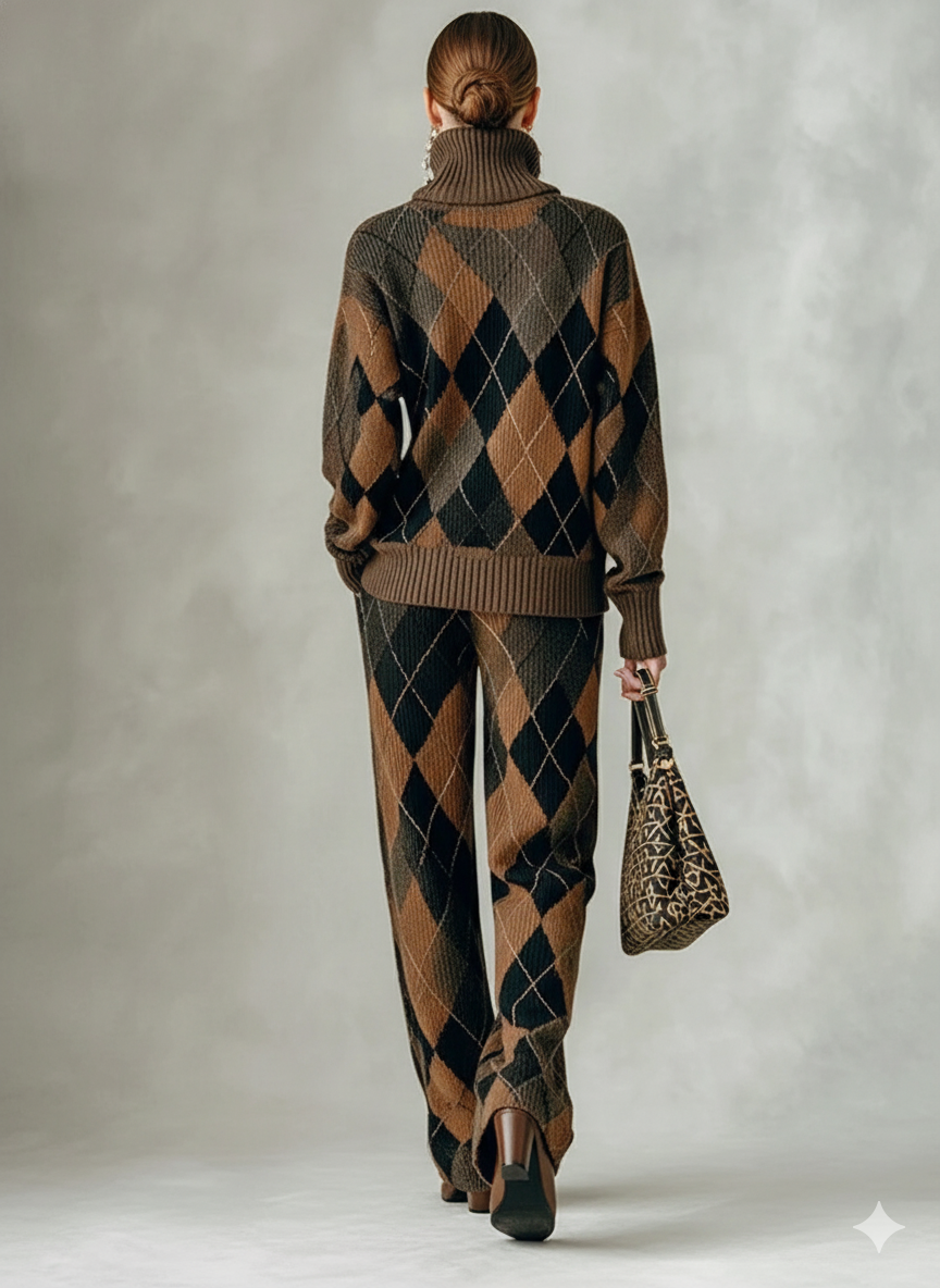 Conjunto de Suéter de Cuello Alto y Pantalones Rectos de Jacquard Argyle para Mujer MDA1596J6Y