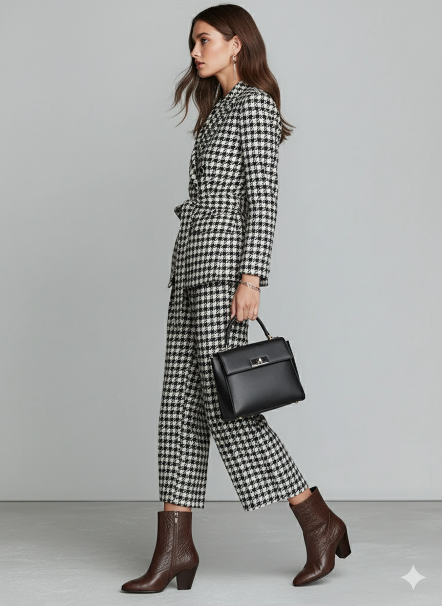 Conjunto de bléiser con estampado de pata de gallo para mujer con cinturón y pantalones cropped MDA1515J3Y