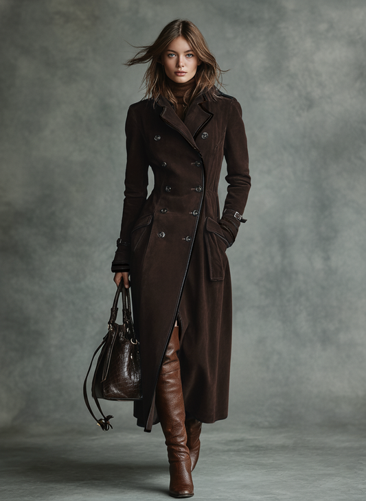 Abrigo largo de mujer con solapas de gamuza y doble botonadura MDA2580H6Y