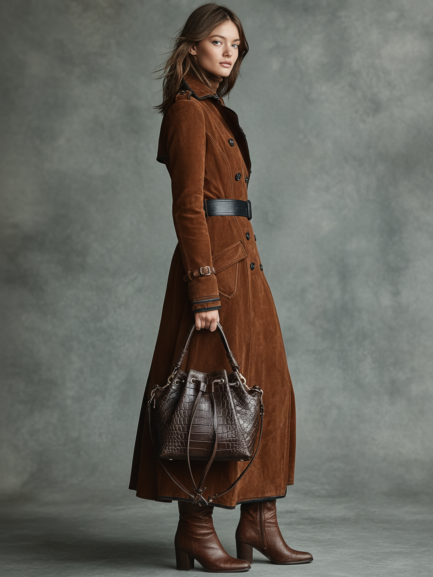 Abrigo largo de mujer con solapas de gamuza y doble botonadura MDA2580H6Y