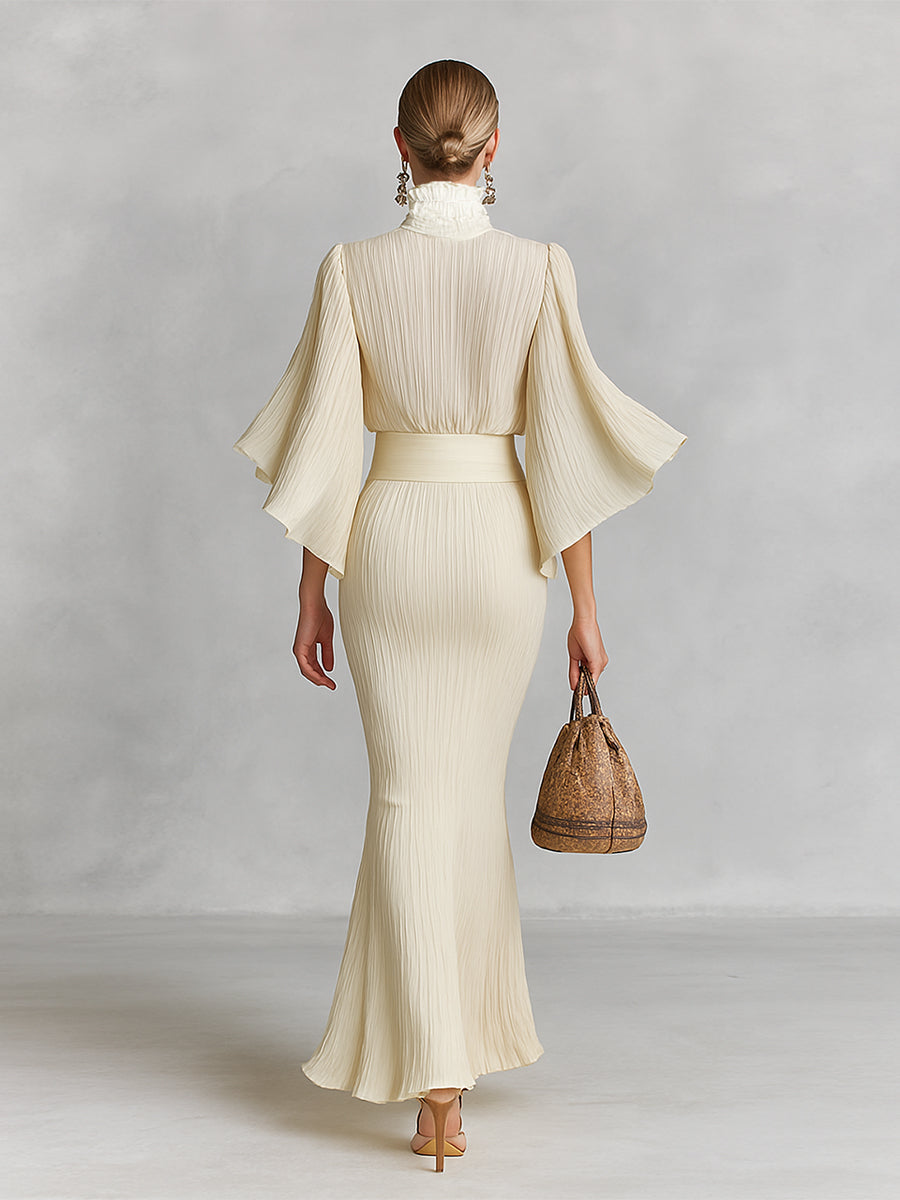 Conjunto de dos piezas de camisa de manga trompeta con cuello alto de chiffon plisado para mujer, falda larga con abertura y corte en el suelo MDA2202G8Y
