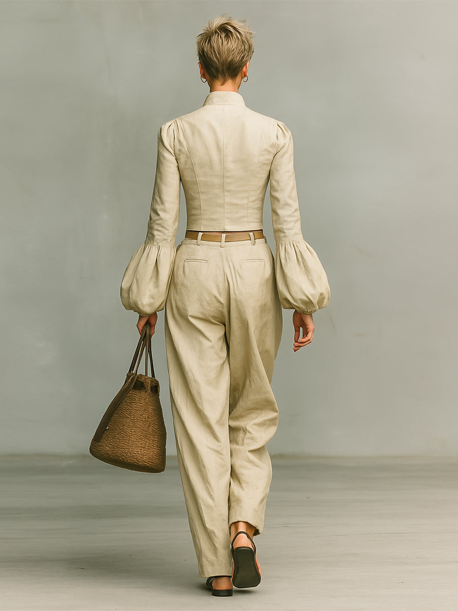 Conjunto de dos piezas de mujer con camisa de manga larga estilo retro de lino con cuello elevado y pantalones