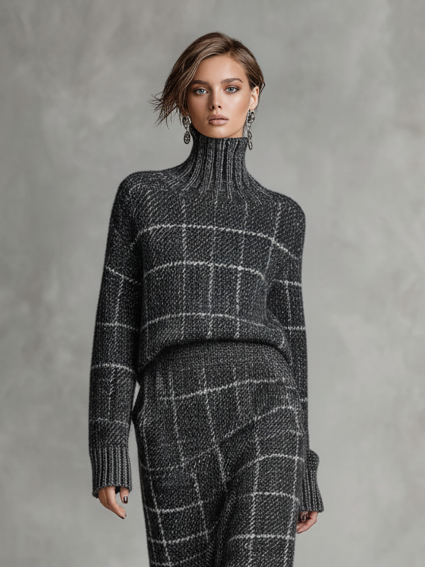 Conjunto de falda y suéter de cuello alto tejido minimalista de cuadro jacquard para mujer MDA1682J4Y