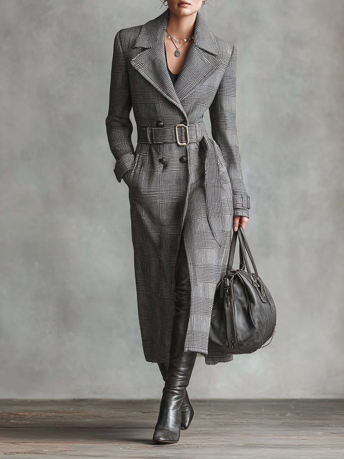 Abrigo largo de mujer con cinturón y estampado de cuadros galeses, solapas, modelo MDA2108J1Y