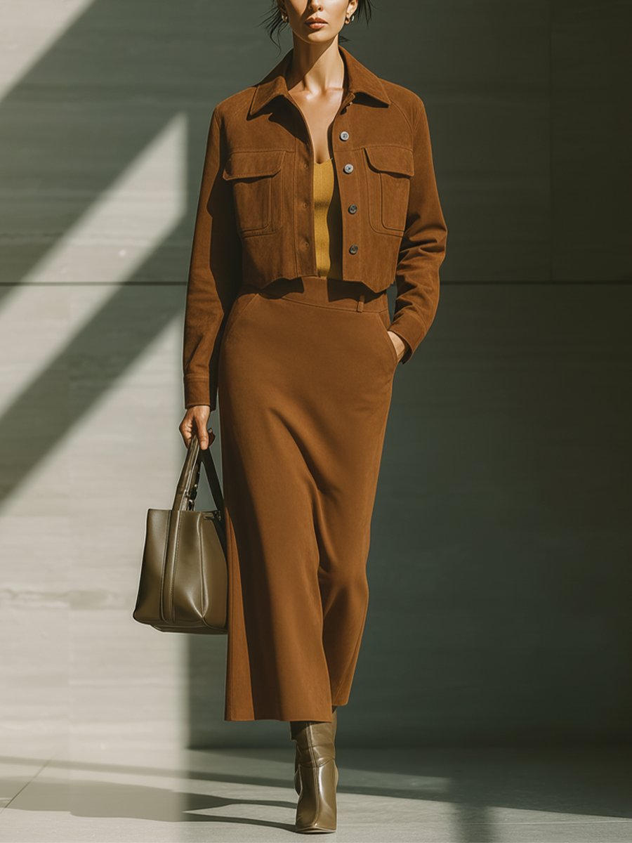 Conjunto de chaqueta corta de ante sintético color caramelo para mujer y falda de tiro alto MDA1649J2T