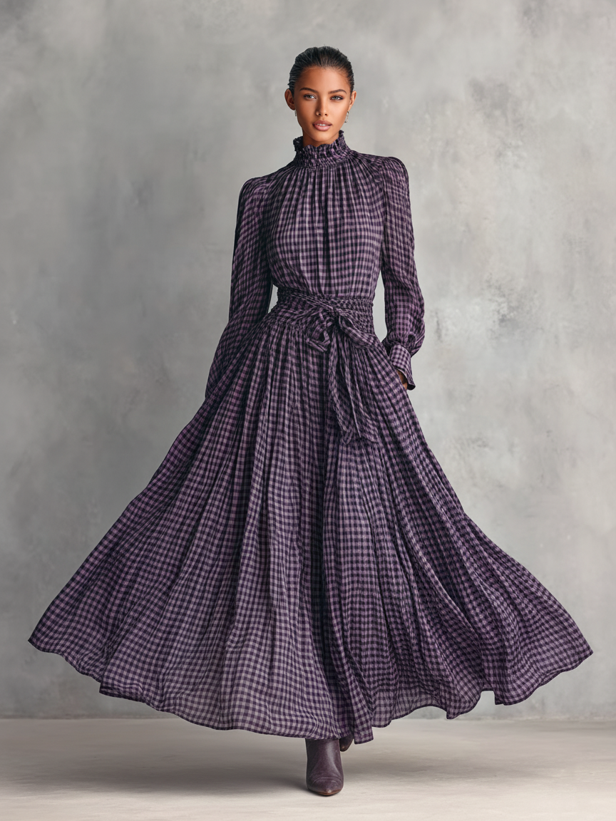 Conjunto de blusa de manga larga y falda larga de mezclilla a cuadros para mujer MDA1676J3Y