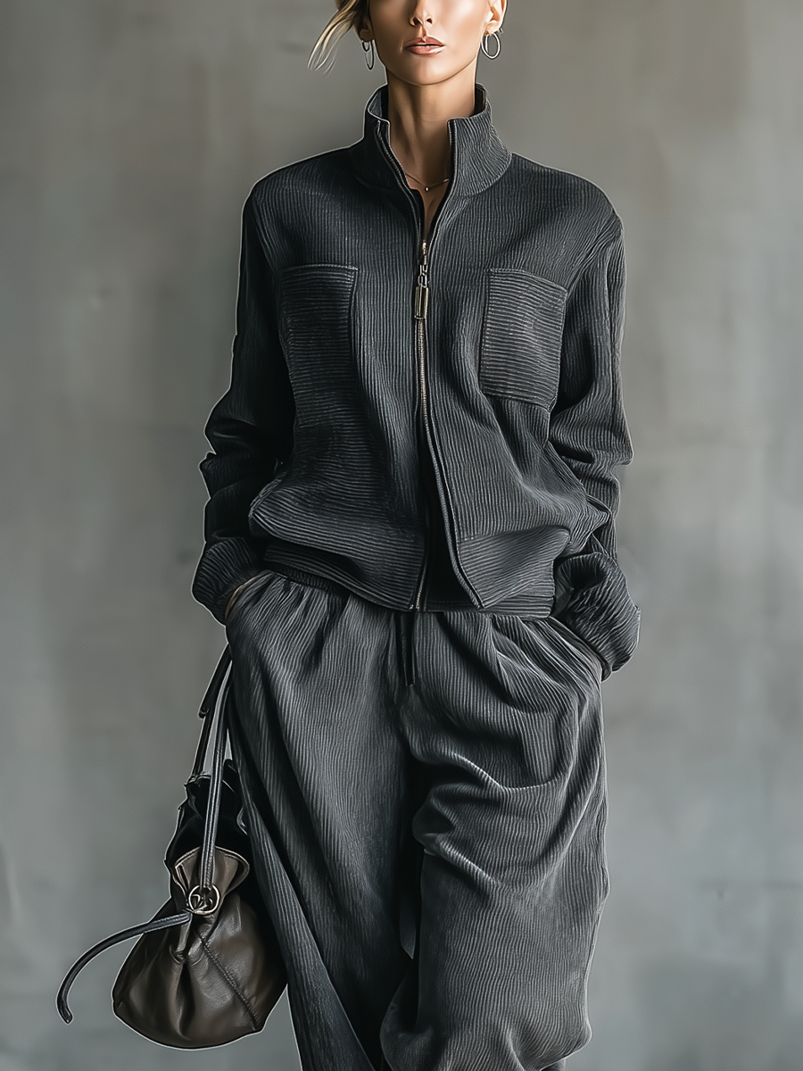 Conjunto de chaqueta deportiva casual de pana gris oscuro para mujer y pantalones rectos MDA2158J2T