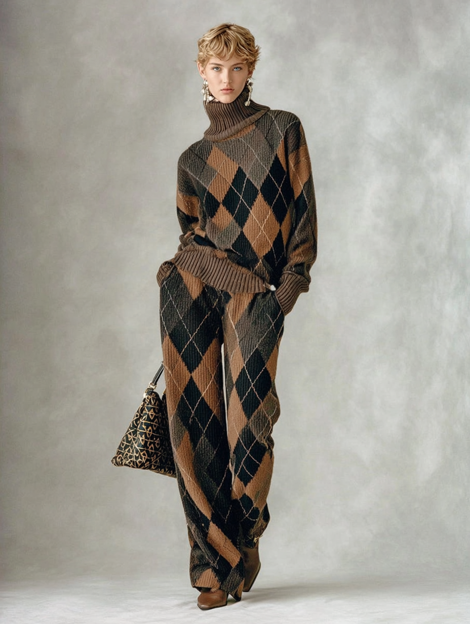 Conjunto de Suéter de Cuello Alto y Pantalones Rectos de Jacquard Argyle para Mujer MDA1596J6Y