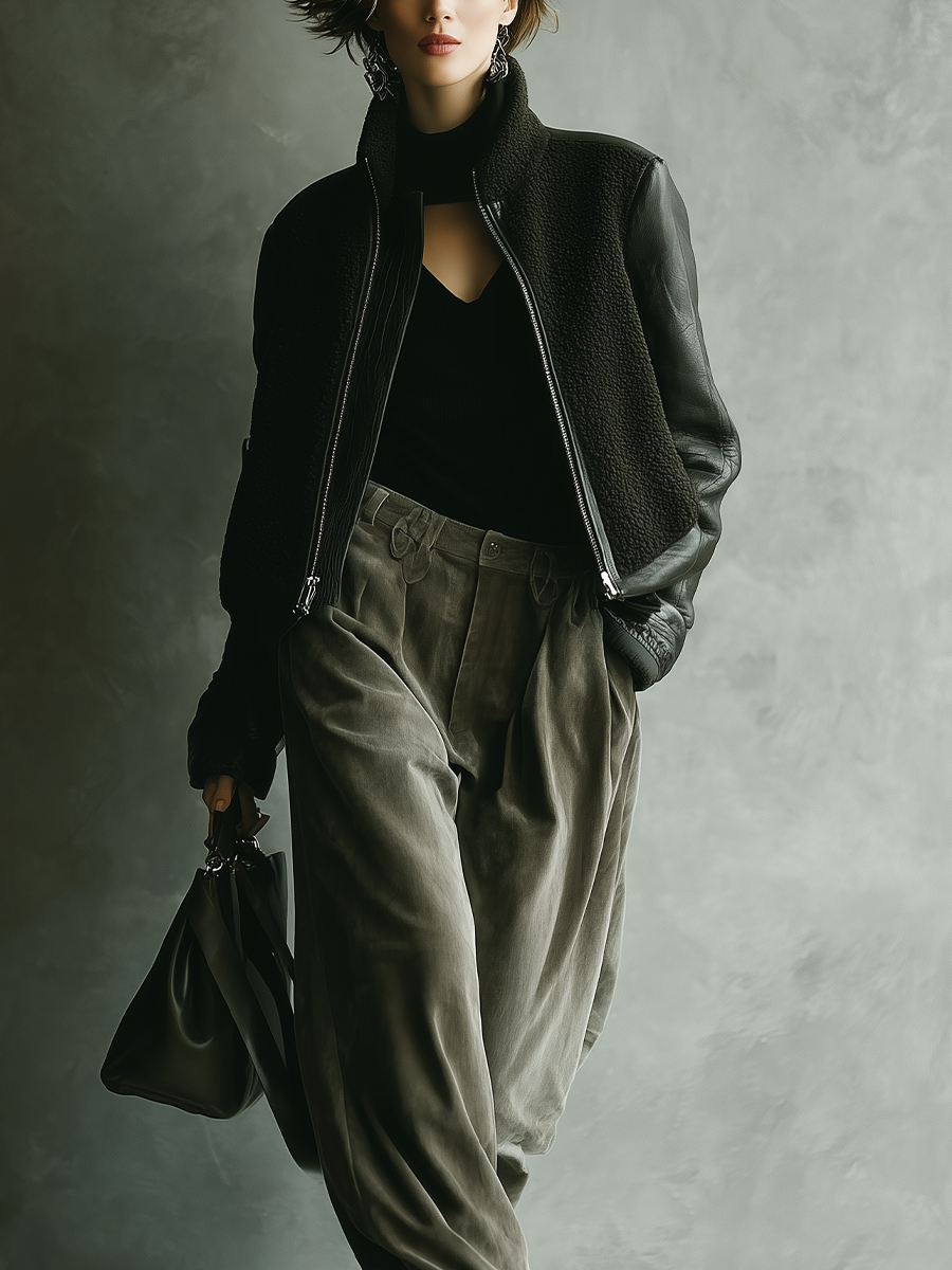 Chaqueta de mujer negra con paneles de sherpa y poliéster con cuello alto MDA1752J8T