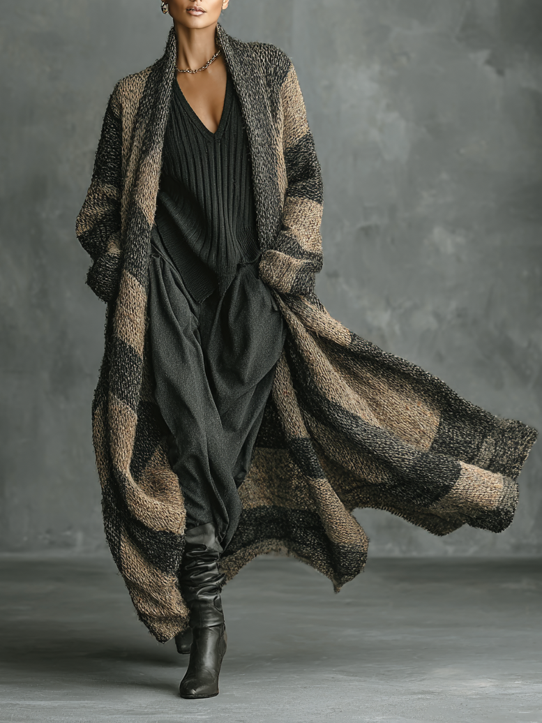 Cardigan Largo Retro de Mujeres con Rayas y Bloques de Color Suelto MDA2685H3Y