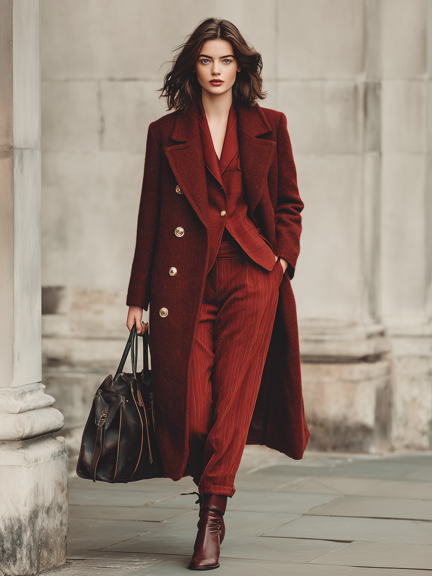 Abrigo largo minimalista de corte doble con mezcla de lana para mujer MDA2152J0Y