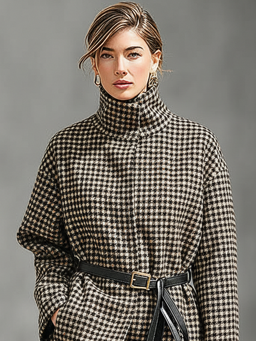 Abrigo para mujer de mezcla de lana con estampado de espiga, cuello alto, cinturón y largo medio MDA1781J4Y