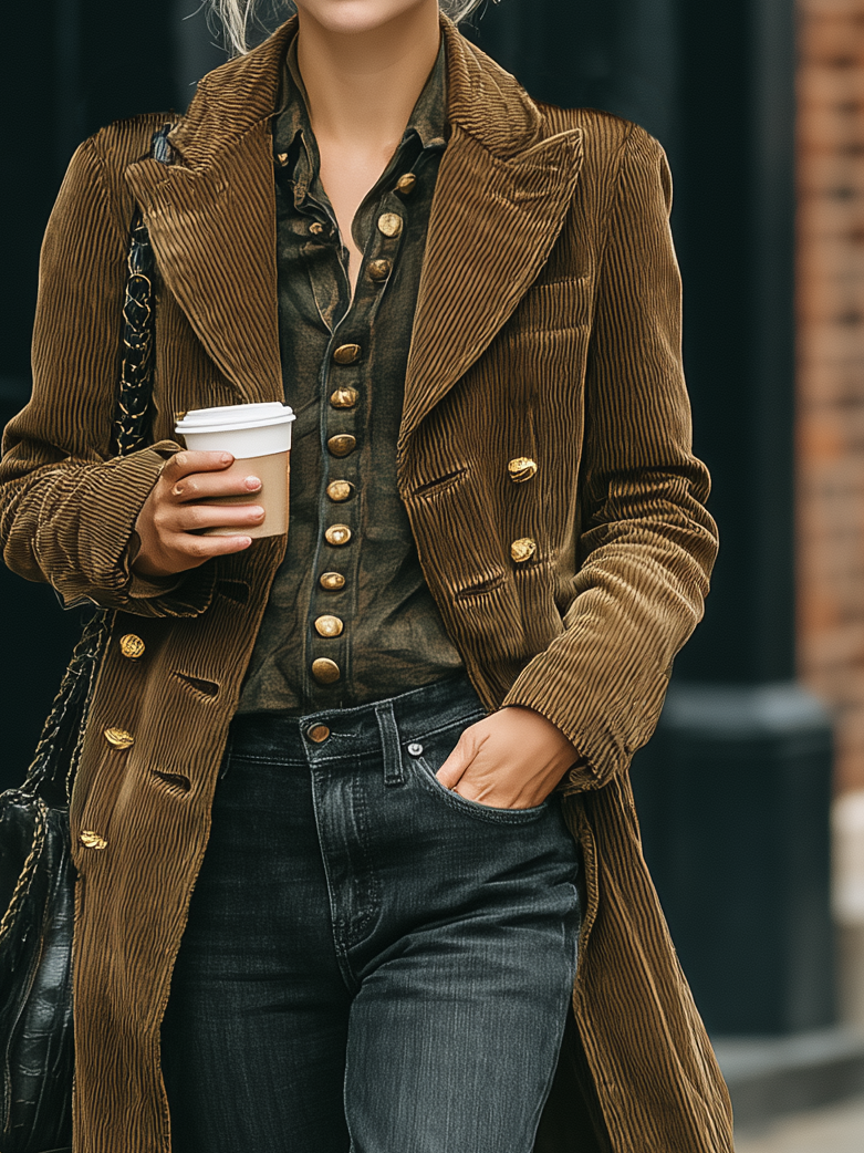 Gabardina media de mujer con cuello de pico doble de pana minimalista de longitud media MDA2809I0Y