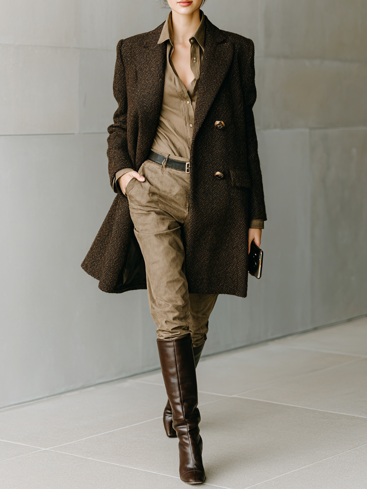 Abrigo largo de mujer de lana en mezcla con rayas minimalista de espina de pescado con doble botonadura MDA1887I7Y