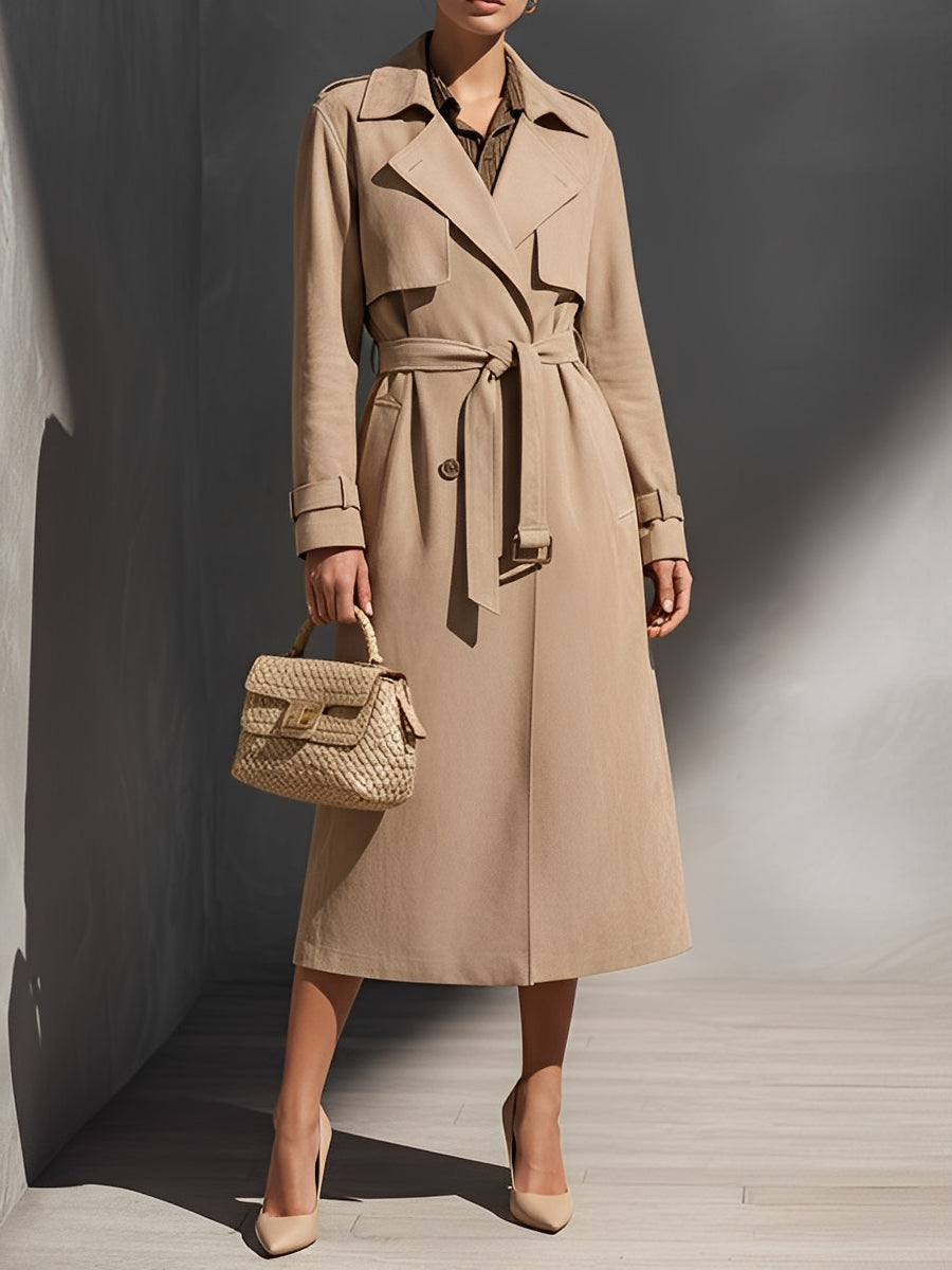 Abrigo Trench Sastre Beige para Mujer con Estilo Abotonado Dual y Cinturón en la Cintura, Elegancia Atemporal MDA2291J1I