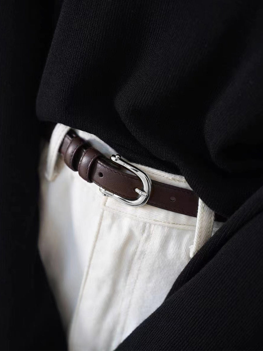 Cinturón de mujer marrón clásico de cuero sintético dorado con hebilla MDA0898H6I