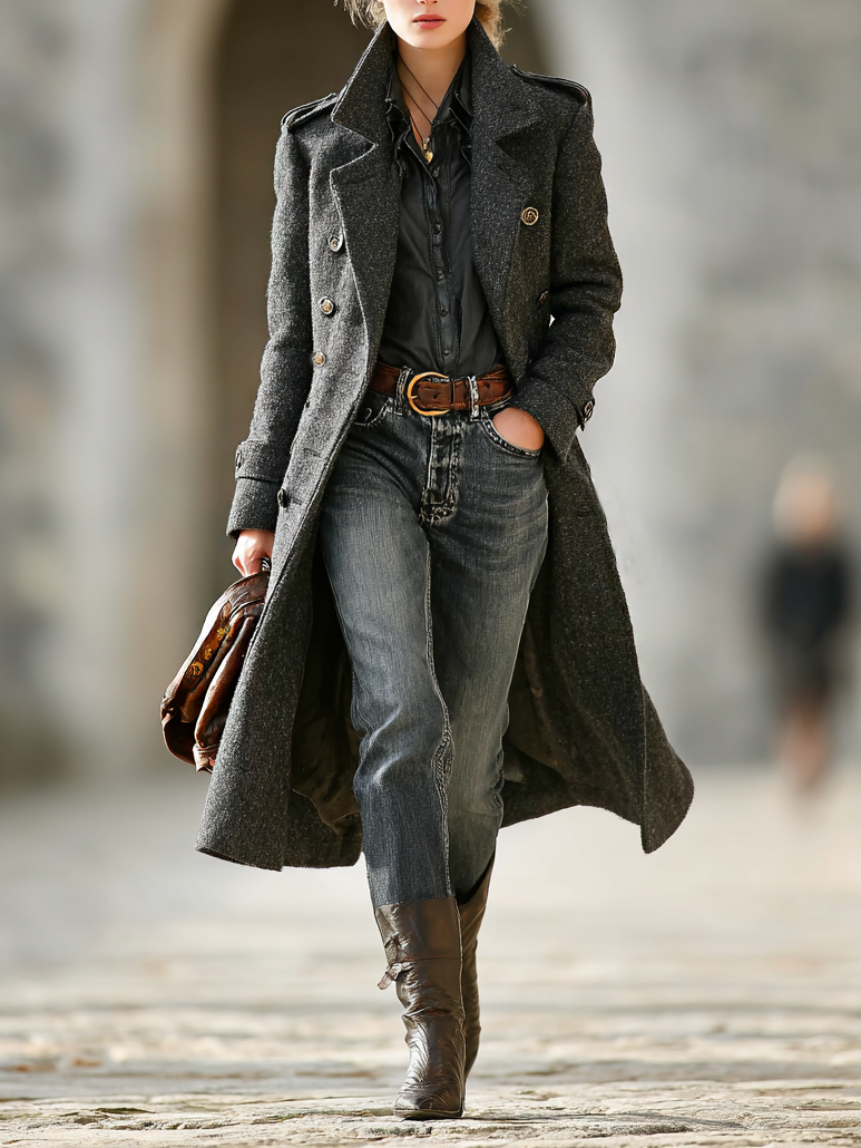 Abrigo largo minimalista de mujer con mezcla de lana, doble botonadura, solapas y hombreras MDA2852I5Y