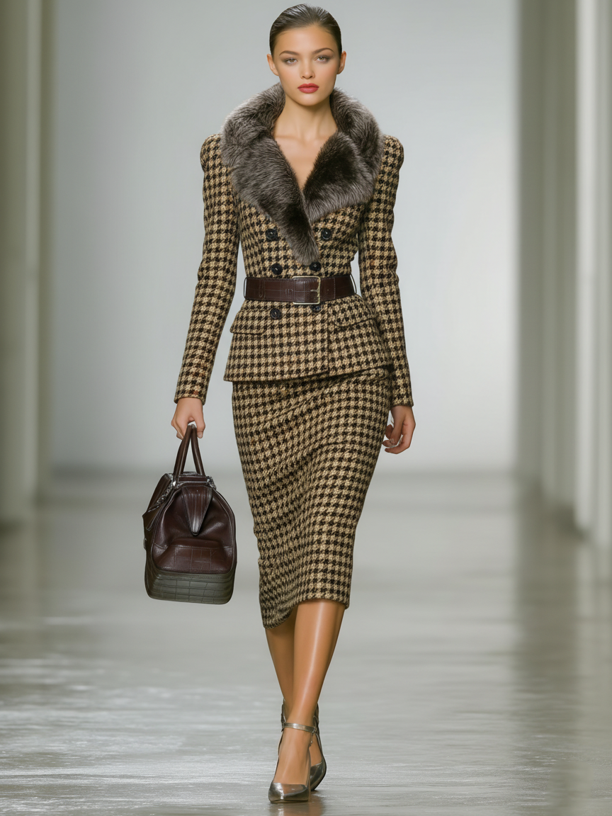 Conjunto de blazer y falda con cuello de piel desmontable para mujer en patrón de tejido de perro con espiga MDA1772J0Y