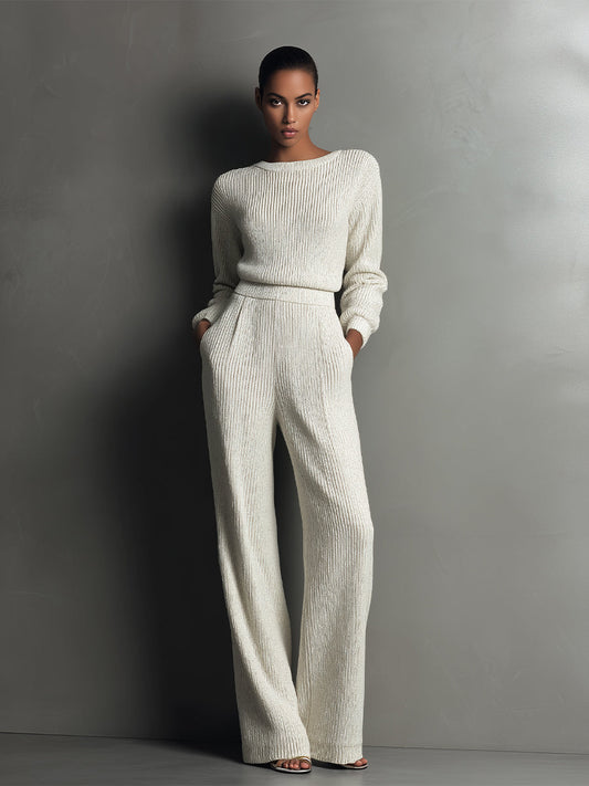 Conjunto de Pantalones de Pierna Ancha de Punto Rib Elegante en Marfil para Mujer MDA2157J4I