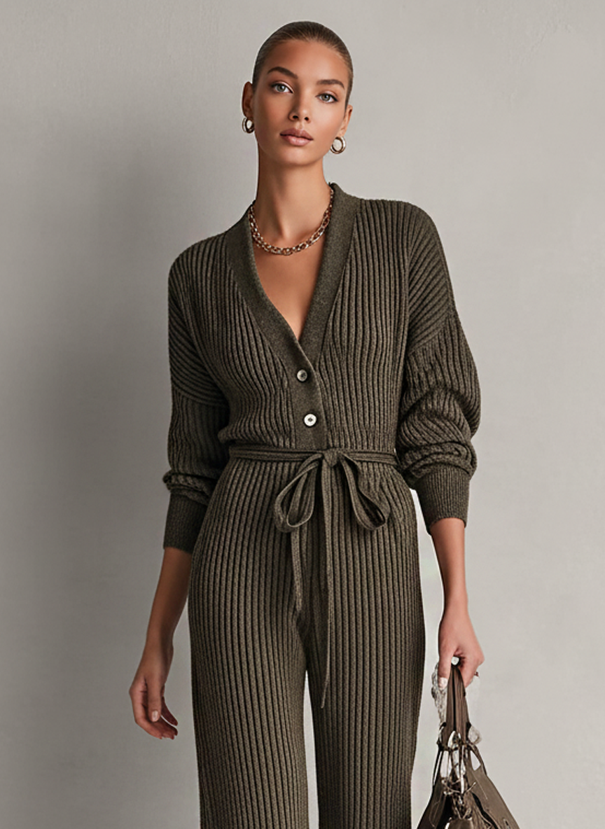 Teresa| Mono de punto minimalista para mujer con cuello en V, botones y cinturón