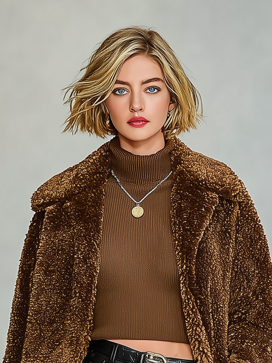 Chaqueta corta de mujer de felpa mezcla con solapa y sin botones MDA1081J7Y