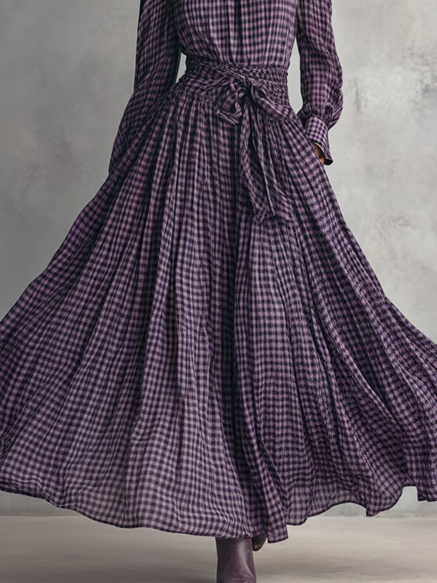 Conjunto de blusa de manga larga y falda larga de mezclilla a cuadros para mujer MDA1676J3Y