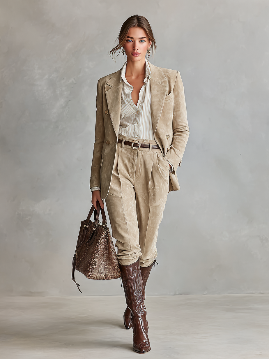 Conjunto de blazer holgado y pantalones rectos de ante sintético para mujer MDA2733H9Y