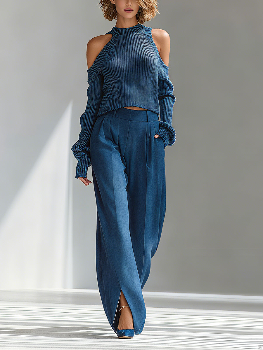 Conjunto de Suéter con Cuello Deportivo y Pantalones de Pierna Ancha para Mujer en Azul Elegante de Punto Ribeteado