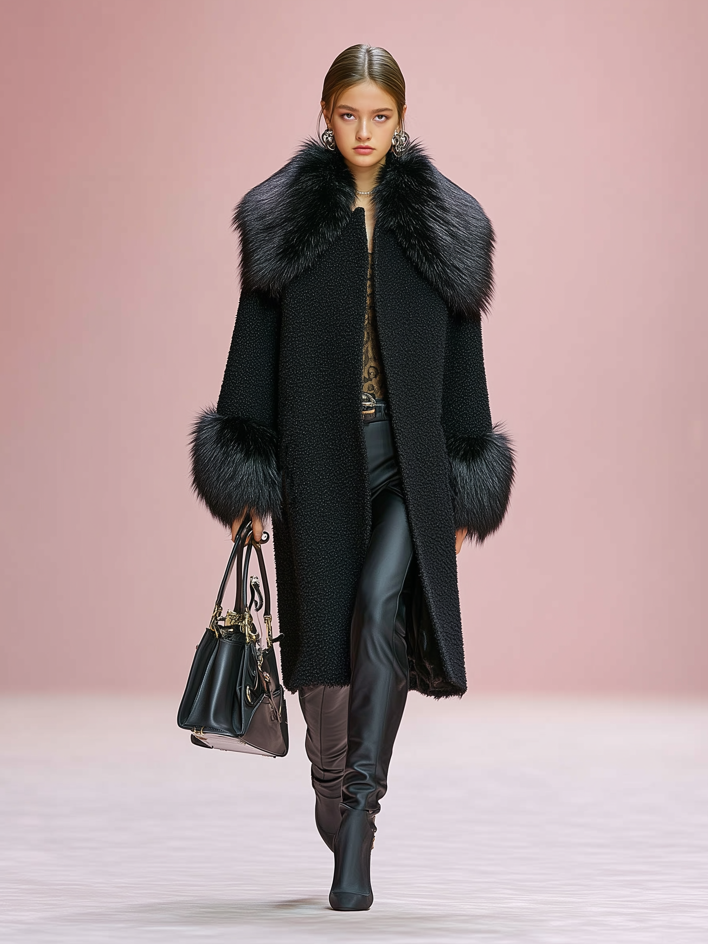 Abrigo de damasco con puños y solapa de mezcla de lana, costuras decorativas y adorno de felpa desmontable MDA1029J2Y