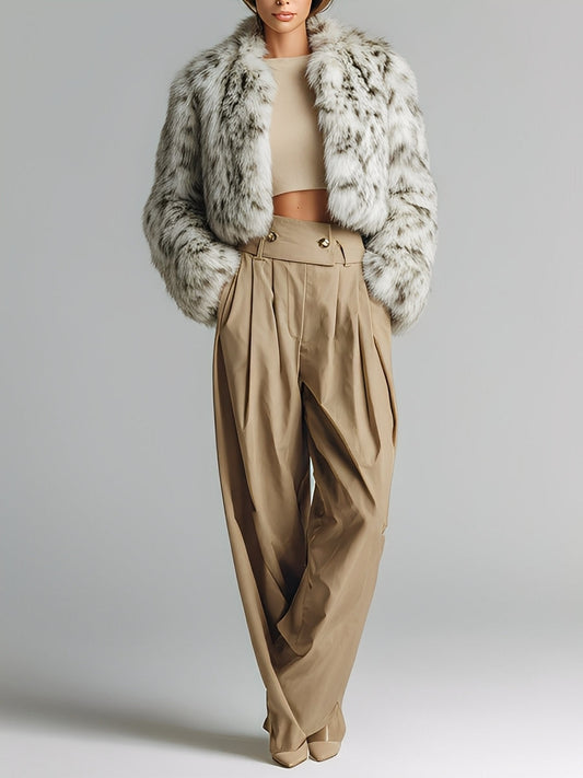 Chaqueta moderna de pelaje sintético ancho gris-blanco para mujer, con cuello grande y cropped MDA1783J7I