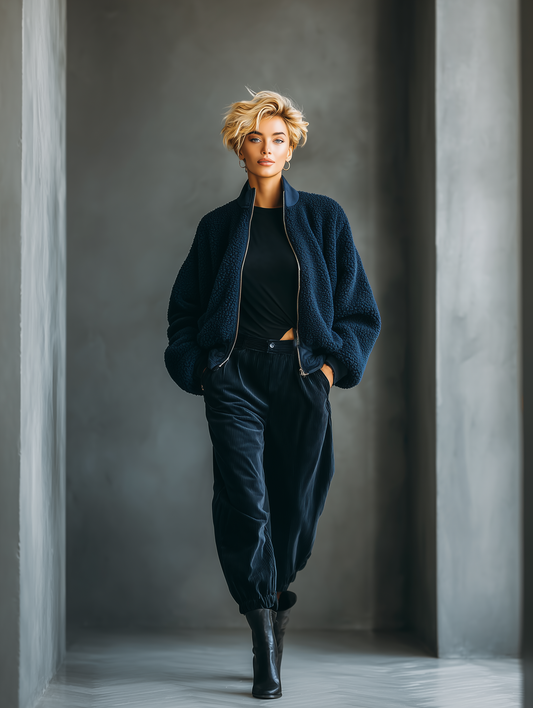 Chaqueta Casual Cómoda para Mujeres de Piel de Cordero Azul Oscuro MDA2140J1T