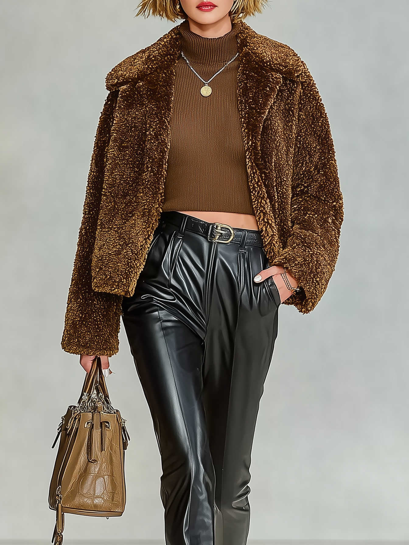 Chaqueta corta de mujer de felpa mezcla con solapa y sin botones MDA1081J7Y