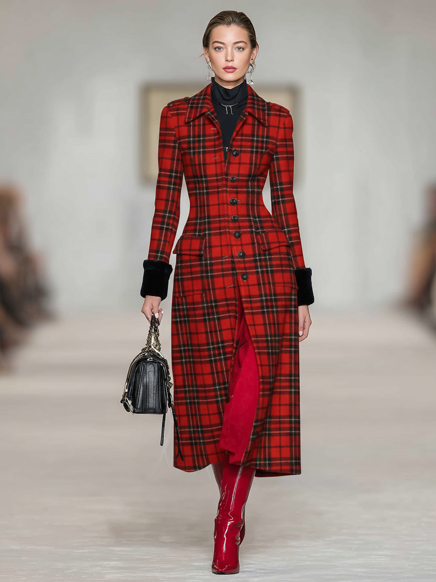 Abrigo largo de mujer con solapas de lana y cuadro de cuadros, con hombreras, modelo MDA1795J3Y