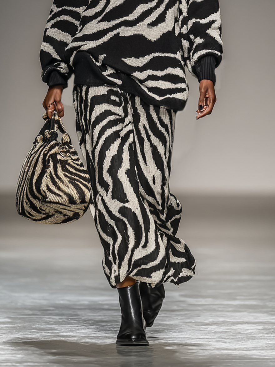 Conjunto de falda y suéter de punto suelto para mujer con patrón de cebra y cuello redondo MDA1492J0Y