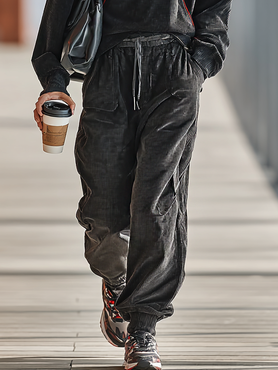 Conjunto de sudadera y pantalón sueltos para mujer de pana roja con ribete y cremallera, con solapa MDA2800I0Y