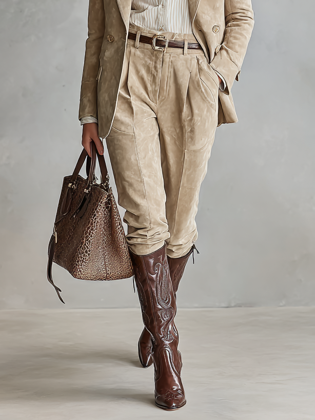 Conjunto de blazer holgado y pantalones rectos de ante sintético para mujer MDA2733H9Y