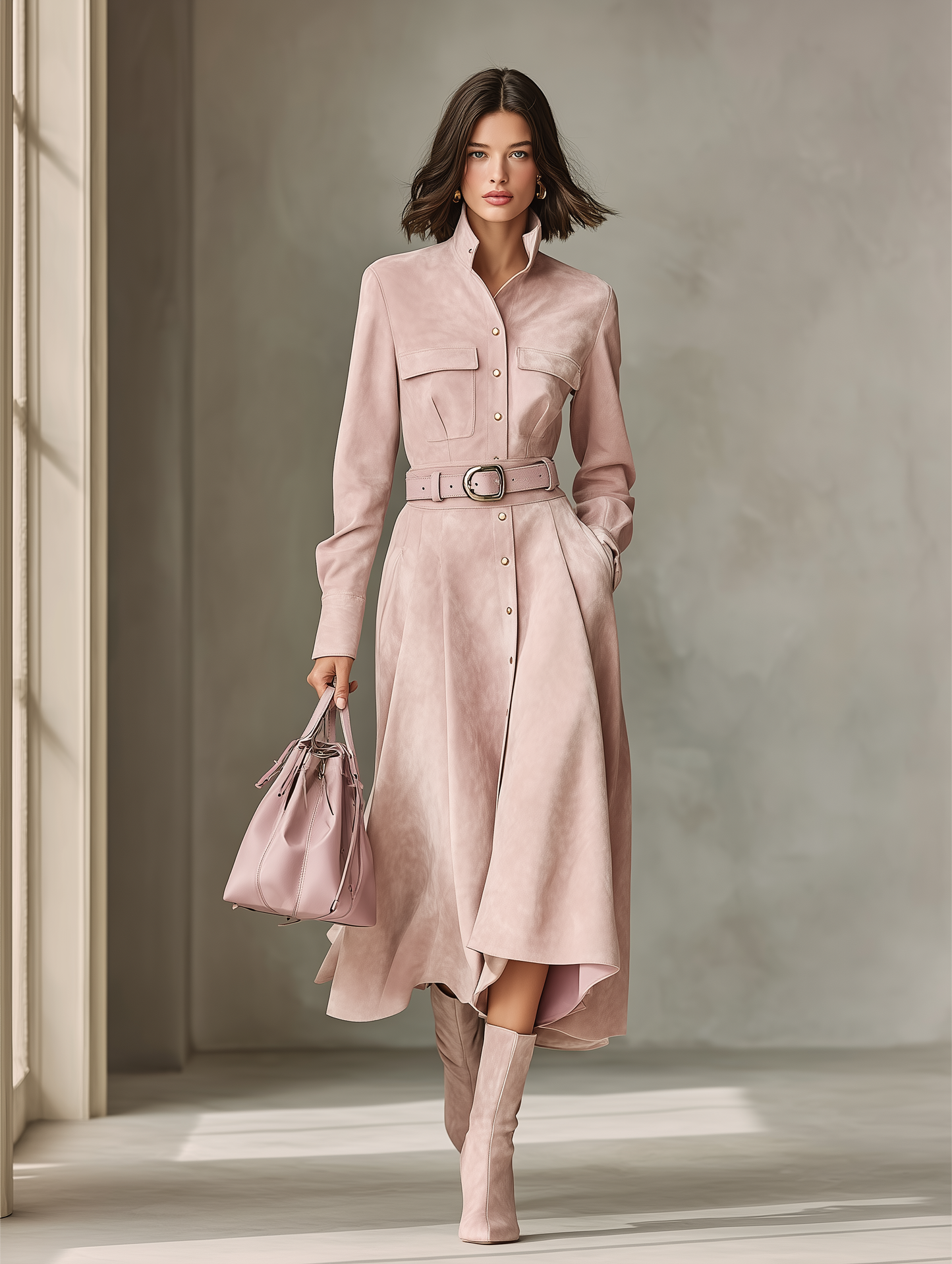 Conjunto de blusa y falda de ante sintético rosa desteñado para mujer MDA2436J1T